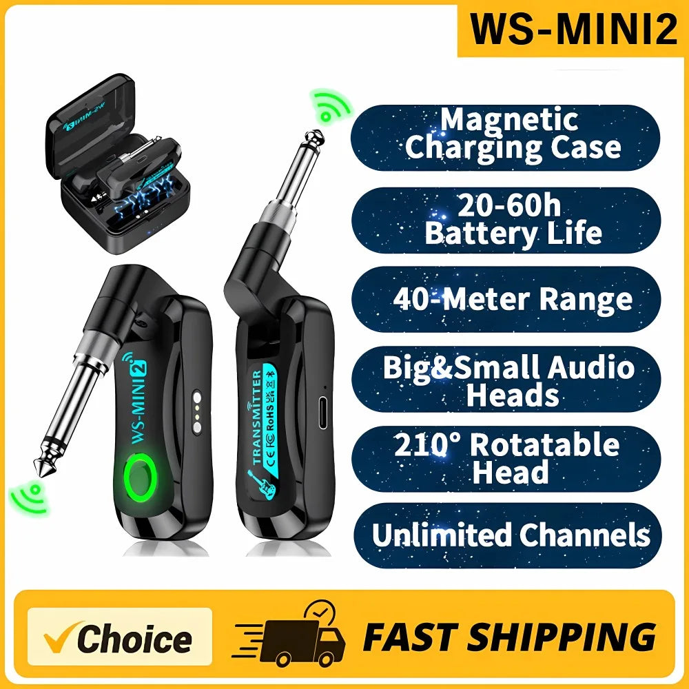 Black ws-mini2 mini wireless guitar transmitter and receiver set with magnetic charging case for guitar bass electric use