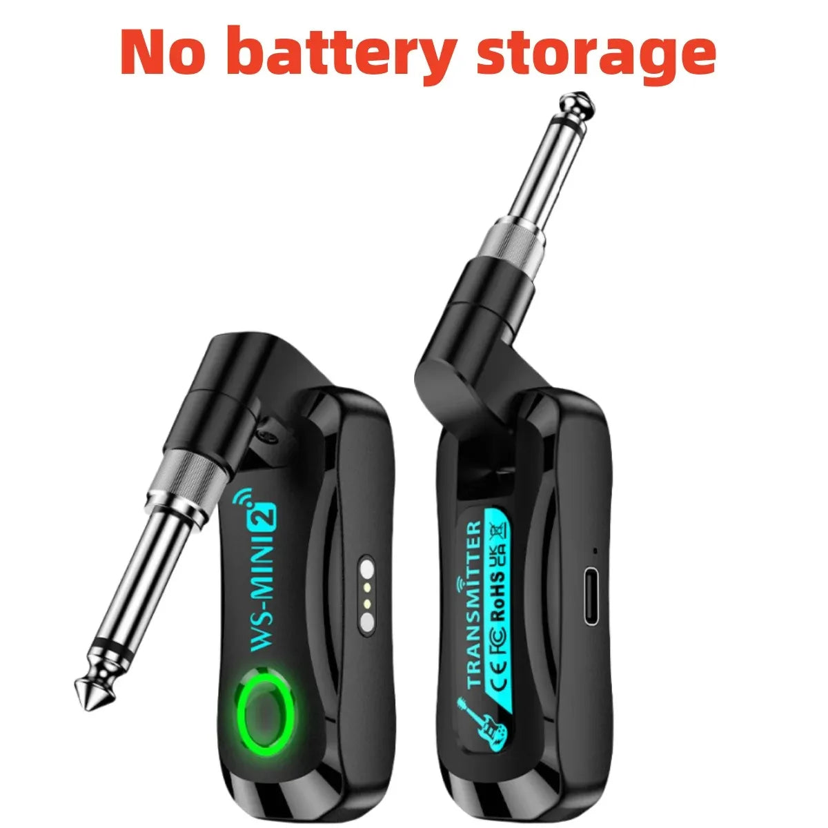 Black wireless guitar transmitter and receiver set with metallic connectors and glowing green led indicators for guitar bass electric use