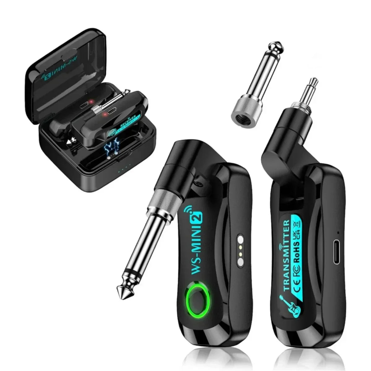 Black ws-mini2 mini wireless guitar transmitter and receiver set with metallic connectors and glowing green led indicators for guitar bass electric instruments
