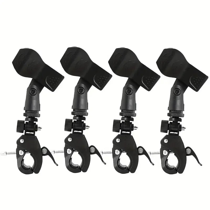 Set of four black 4pcs adjustable microphone crab clamp mounts for mic stand and drum rim with secure grip