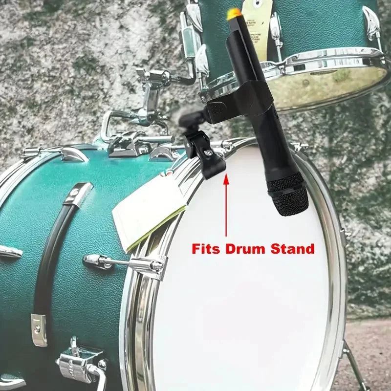 Black condenser drum microphone with yellow top cap mounted on 4pcs adjustable microphone crab clamp for drum rim