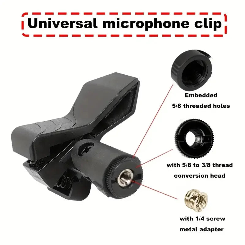 Black 4pcs adjustable microphone crab clamp with threaded adapters for secure grip on mic stand and drum rim