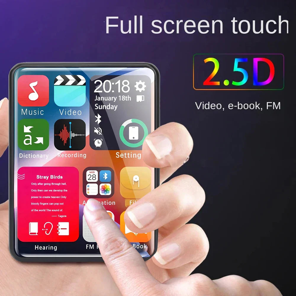 A sleek black 2.5 inch full screen mp4 walkman 4gb mini bluetooth portable music player hifi touch screen display