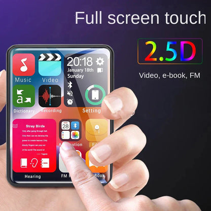 A sleek black 2.5 inch full screen mp4 walkman 4gb mini bluetooth portable music player hifi touch screen display