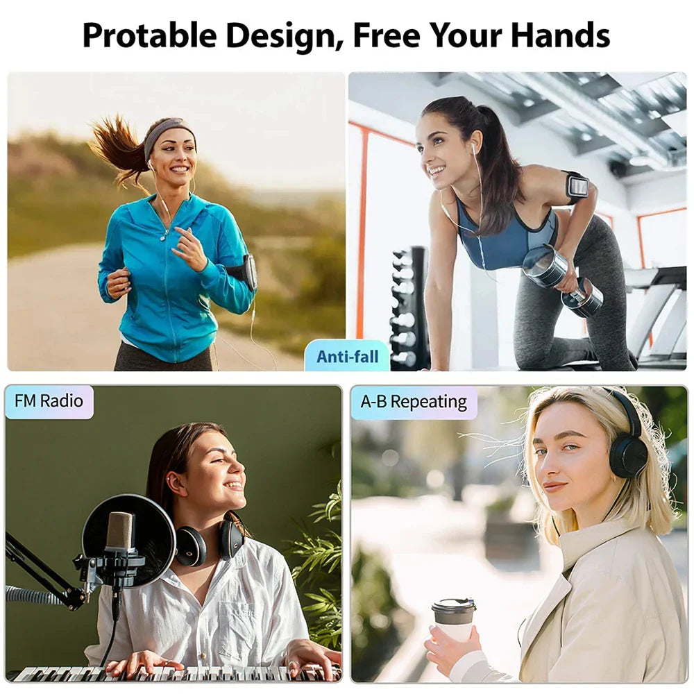 Black wireless earbuds with ergonomic anti-fall design paired with 2.5 inch full screen mp4 walkman 4gb mini bluetooth portable music player hifi sound