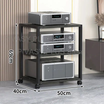 Black metal tier speaker stand with three shelves and four caster wheels sturdy amplifier shelf 40x50cm audio rack sturdy