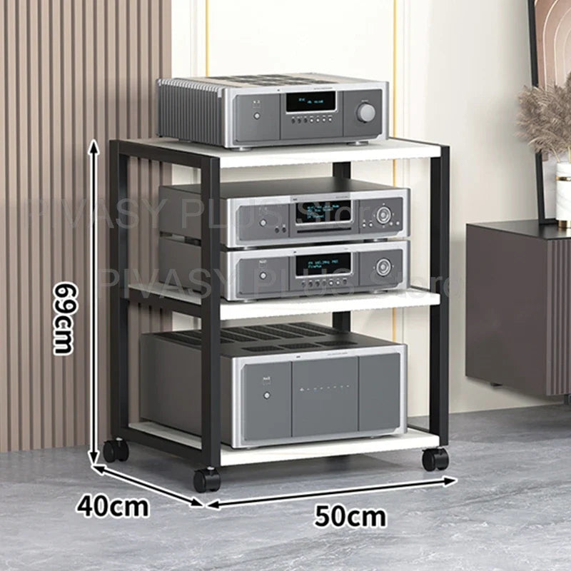 Black and white metal tier speaker stand with 360° wheels and amplifier shelf 40x50cm for audio rack sturdy use