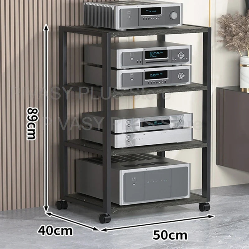 Black metal frame amplifier shelf 40x50cm with four levels holding silver and gray audio components tier speaker stand