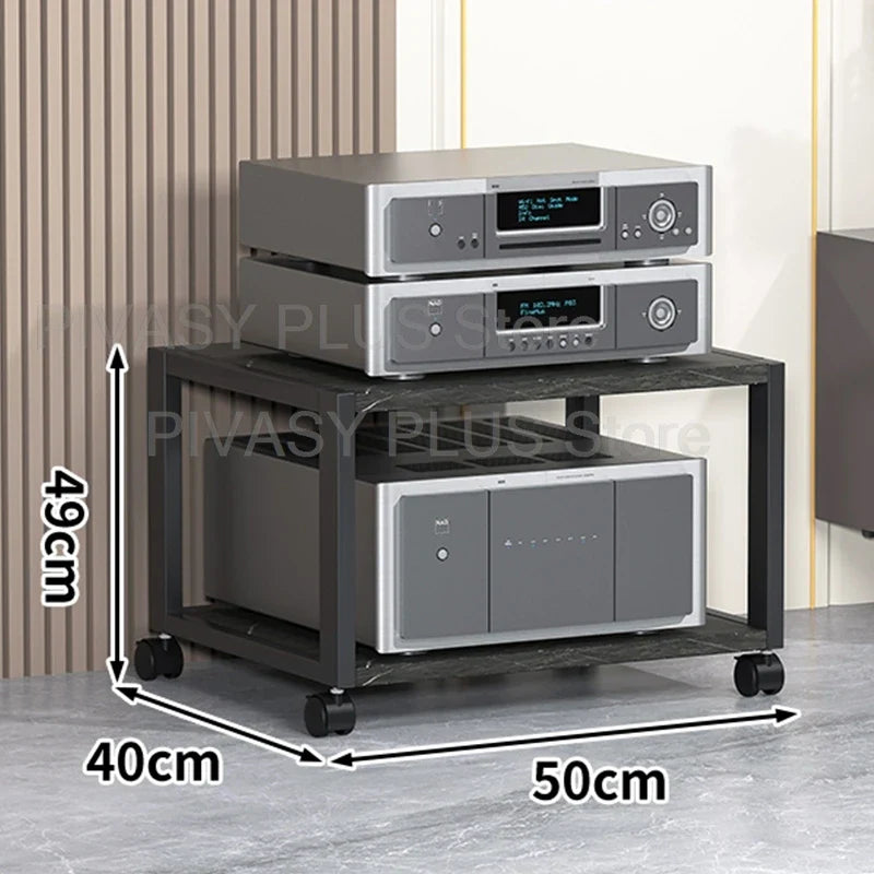 Black metal tier speaker stand with two shelves and 360° wheels featuring an audio rack sturdy amplifier shelf 40x50cm