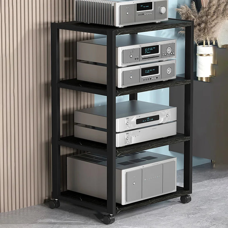Black metal frame amplifier shelf 40x50cm with marble-effect tiers and caster wheels for tier speaker stand use