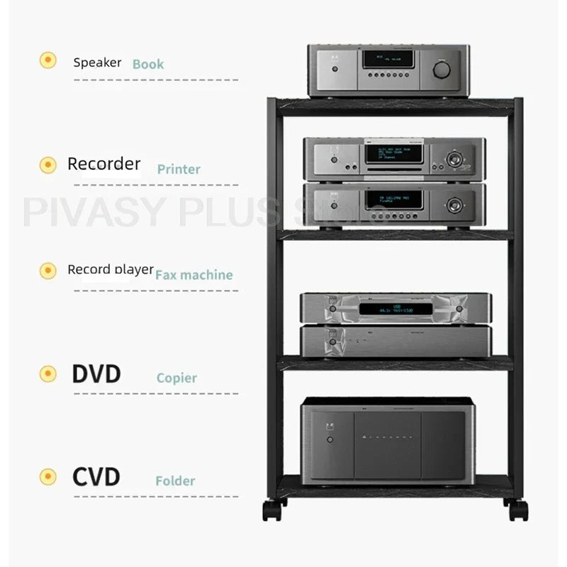 Black metal tier speaker stand with four levels and sturdy 40x50cm amplifier shelf for home audio rack use