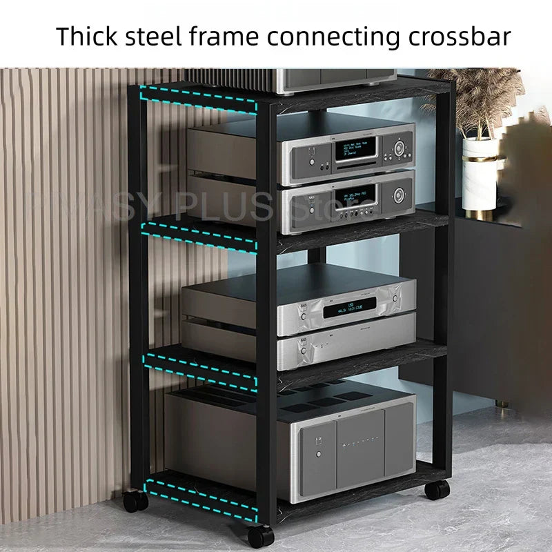 Black steel tier speaker stand with teal led strips four shelves metal frame amplifier shelf 40x50cm for home theater
