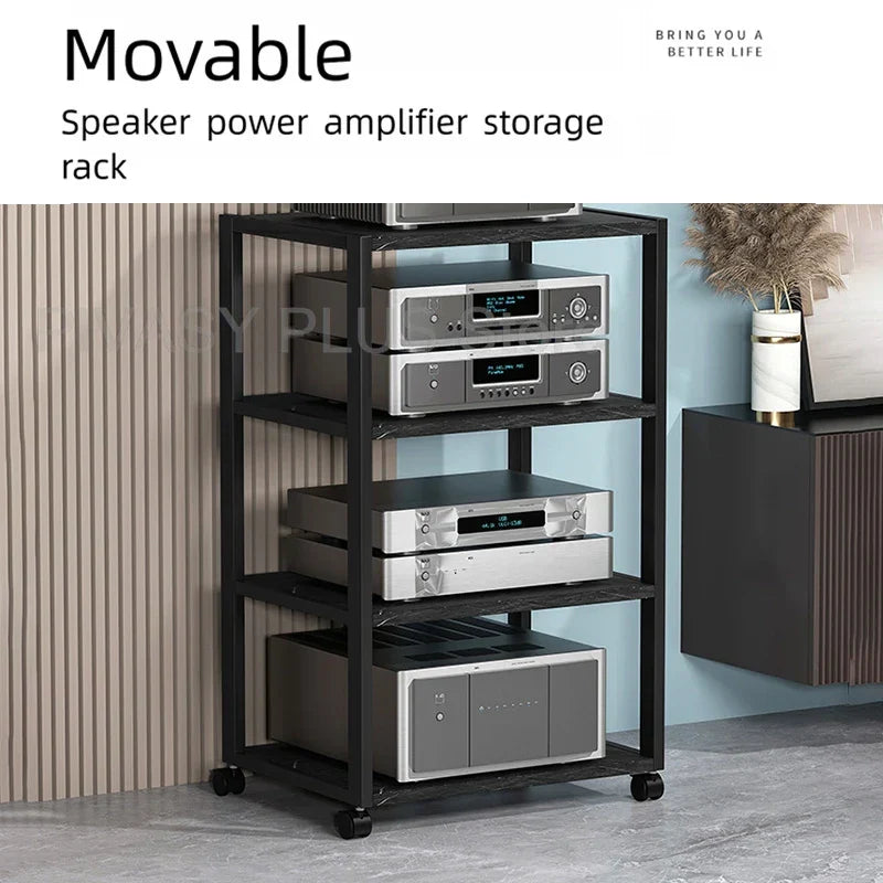 Black metal tier speaker stand with 360 degree wheels and amplifier shelf 40x50cm in a sturdy audio rack for home use