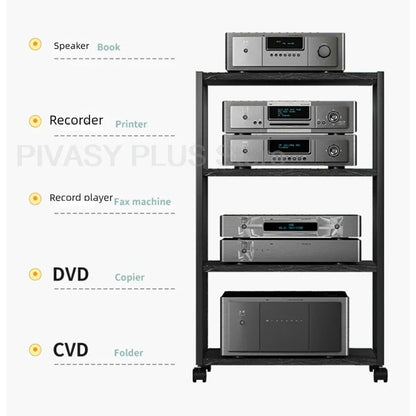 Black metal frame amplifier shelf 40x50cm with four tiers holding electronic devices for home theater use