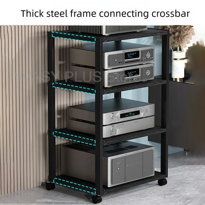 Black steel audio rack sturdy frame with teal led strips and four shelves amplifier shelf 40x50cm tier speaker stand