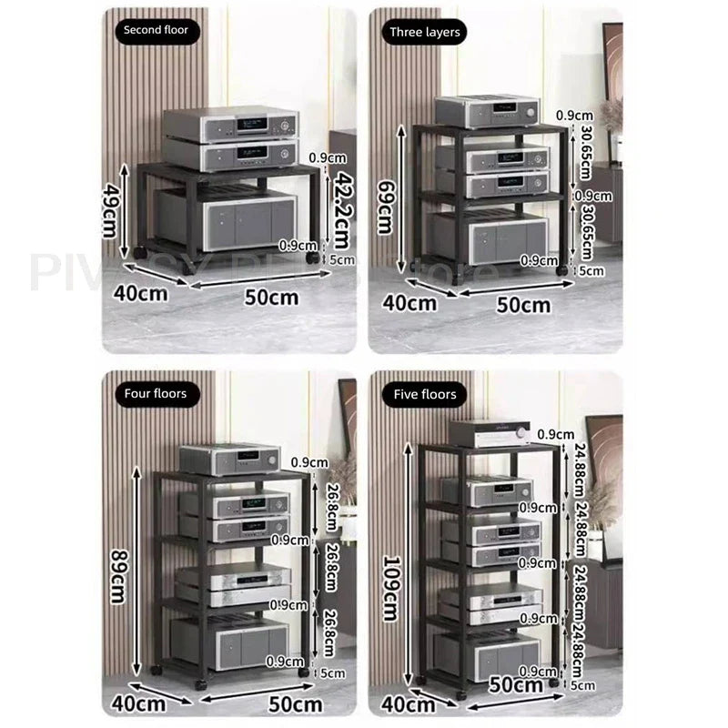 Black metal audio rack with adjustable shelves and caster wheels sturdy metal frame tier speaker stand amplifier shelf 40x50cm