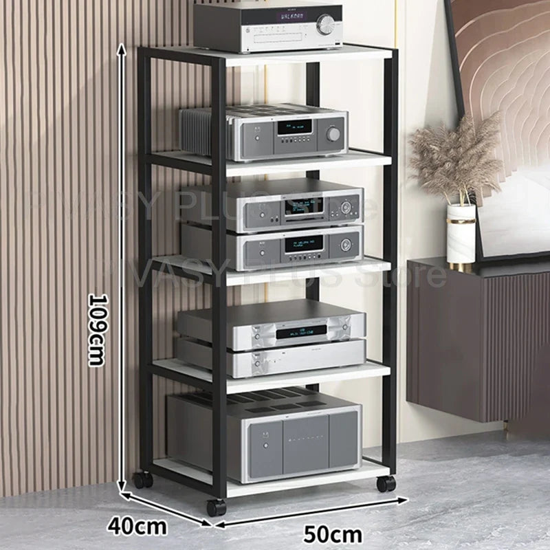Black metal tier speaker stand with white shelves and casters holding silver audio components amplifier shelf 40x50cm