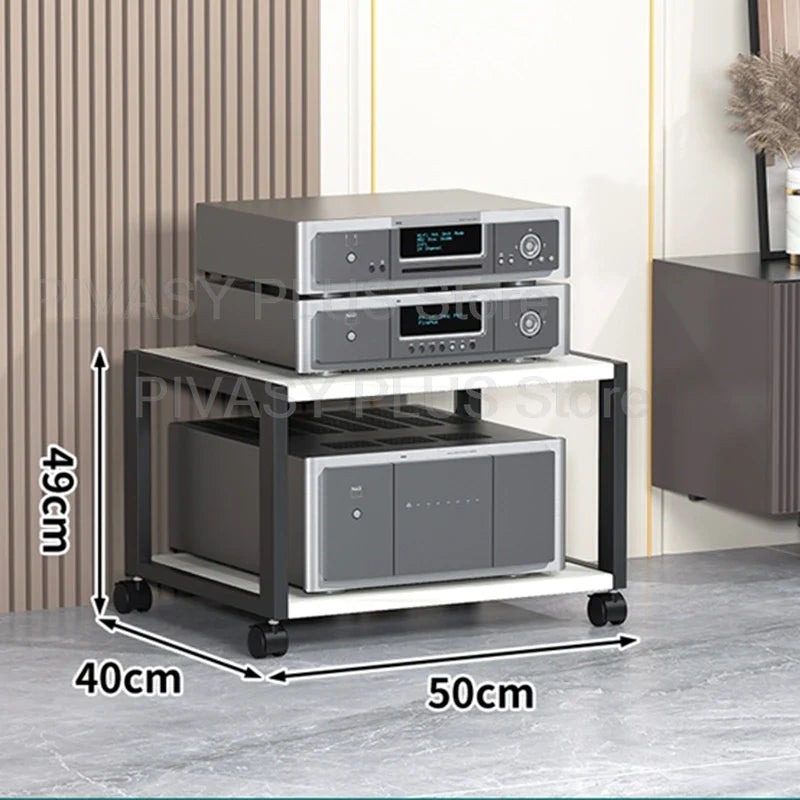 Black and white two-tier tier speaker stand with metal frame amplifier and amplifier shelf 40x50cm on casters