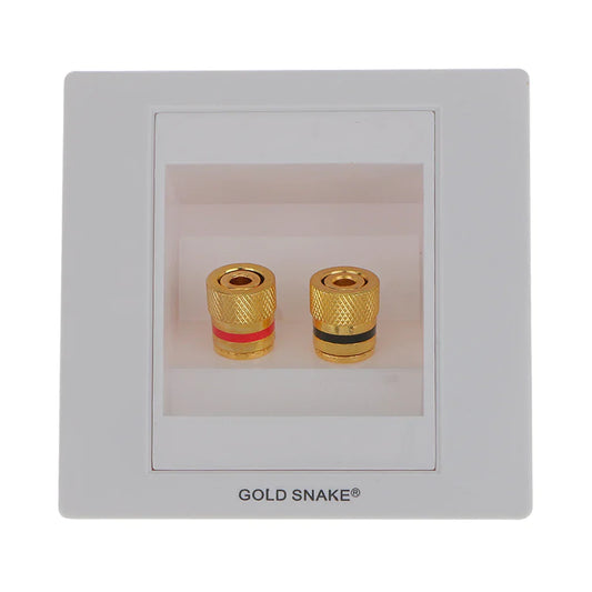 Gold-plated binding post banana plugs with textured knurled surfaces and colored bands in white plastic audio surround wall face plate