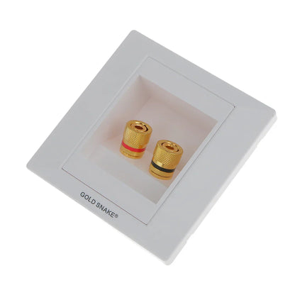 White rectangular audio surround wall face plate with two gold binding post banana plug audio connectors red and black bands