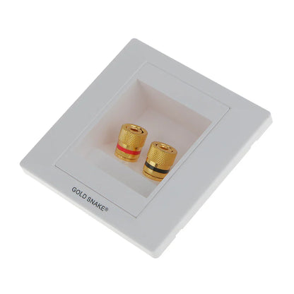 White rectangular audio surround wall face plate with two gold binding post banana plug connectors red and black