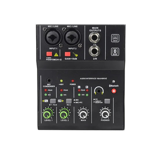 Black 2-channel usb audio interface with xlr and 1/4-inch jacks green level knobs bluetooth for guitar recording studio