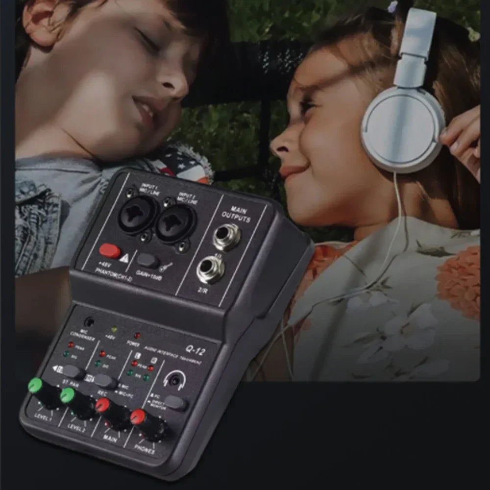 Black q12 professional portable audio interface mini usb mixer with colorful knobs for guitar recording studio use