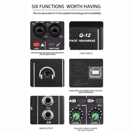 Black q-12 professional portable audio interface with dual mic inputs usb connectivity and separate volume for guitar recording studio