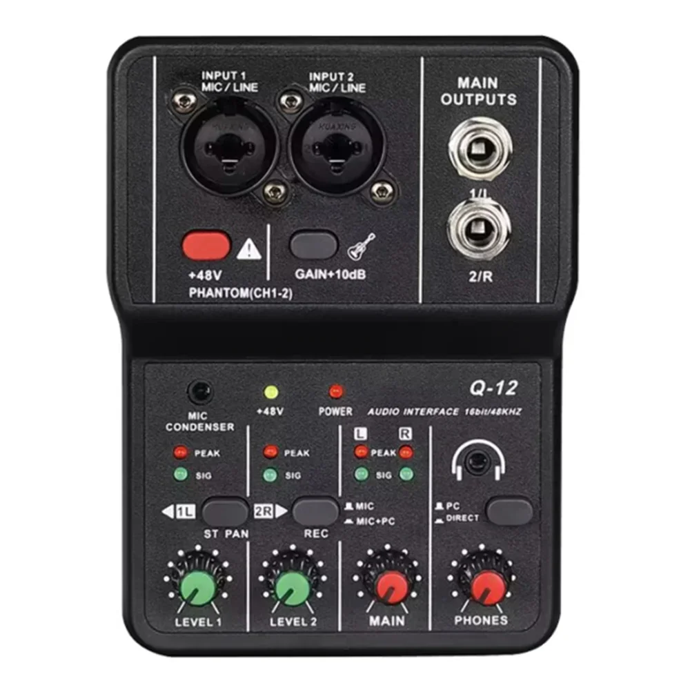 Black q-12 professional portable audio interface with two xlr inputs and mini usb mixer for guitar recording studio use