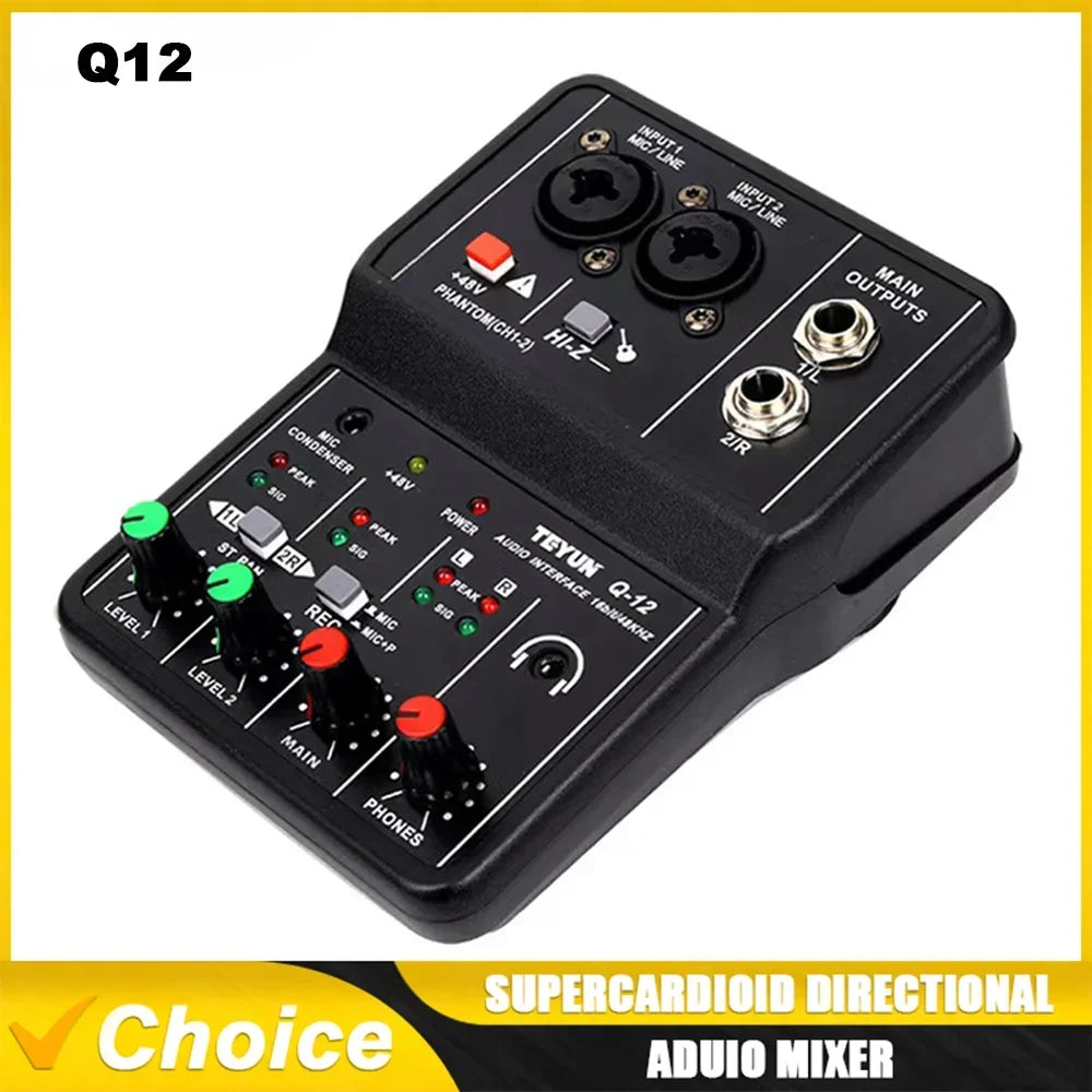 Black teyun q12 professional portable audio console mini usb mixer with green red and black knobs for guitar recording studio