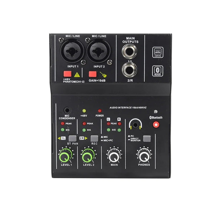 Black professional portable audio interface with two xlr inputs bluetooth and green-lit knobs for guitar recording studio console mini usb