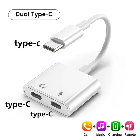 White 2-in-1 audio adapter usb c with call music charging icons for huawei wired headphones connector 3.5mm aux cable