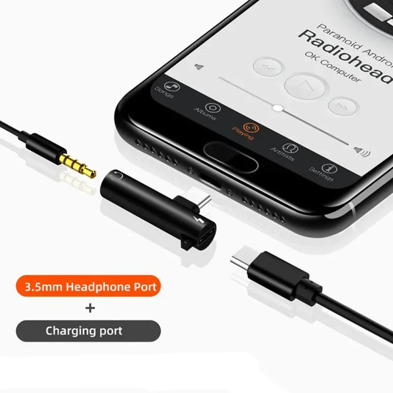 Black cylindrical charging dual adapter with 3.5mm headphone port for earphone aux cable and usb-c charging splitter
