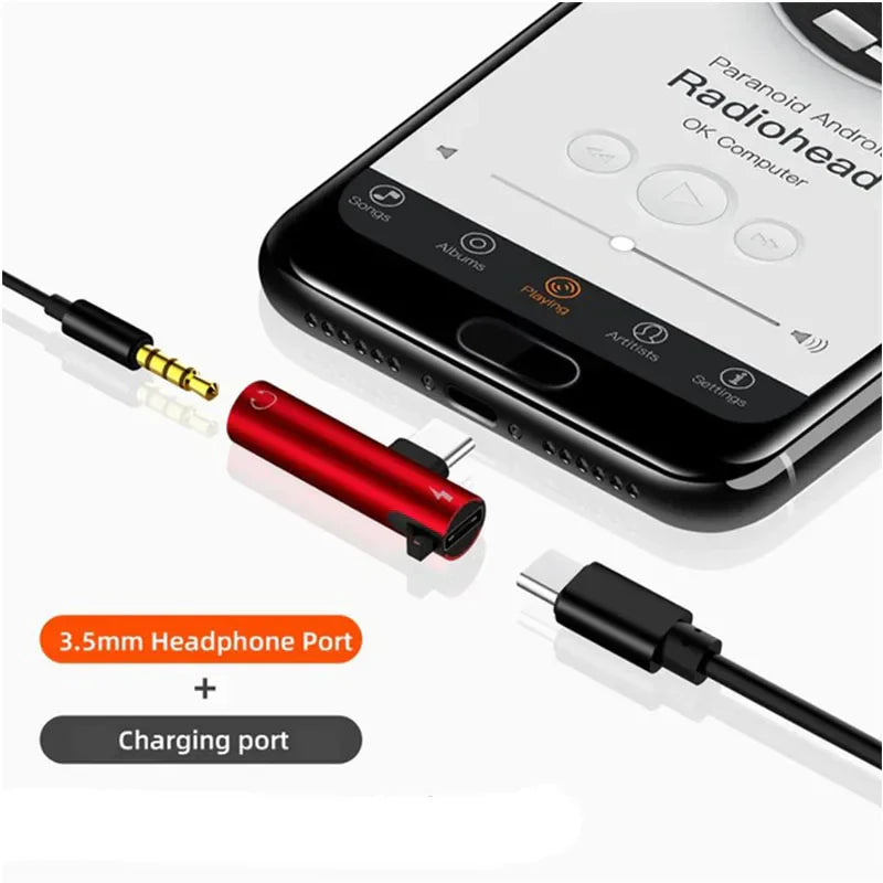 Red cylindrical 2 in 1 headphone charging dual adapter splitter with 3.5mm earphone aux cable and usb-c port for smartphones