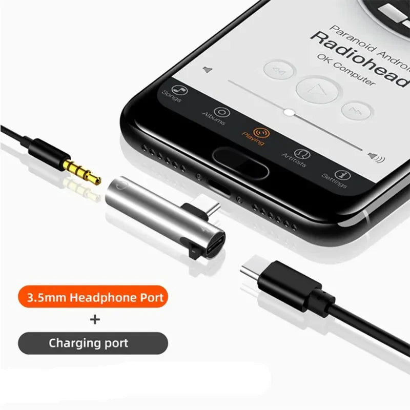 Silver metallic 2 in 1 headphone charging dual adapter splitter with 3.5mm earphone aux cable and usb-c port