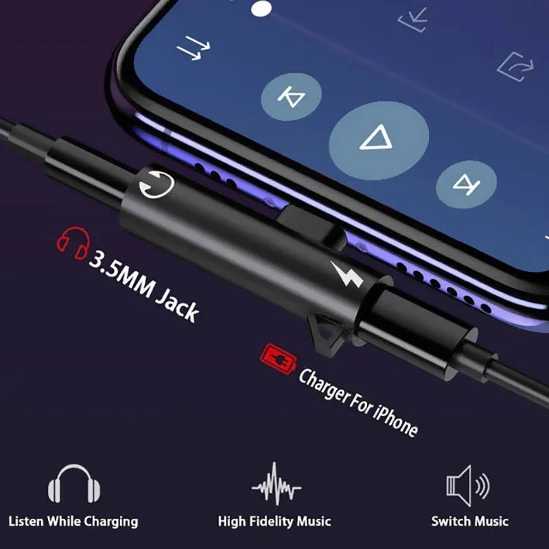 Black 2 in 1 headphone charging dual adapter splitter for iphone with 3.5mm earphone aux cable port and charging slot