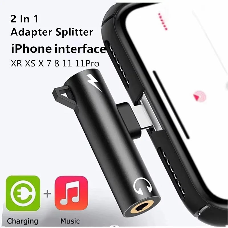 Black cylindrical 2-in-1 charging dual adapter splitter with lightning connector and 3.5mm earphone aux cable for iphone models