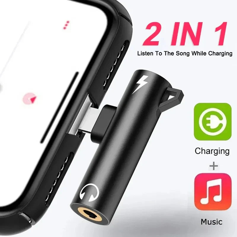 Black cylindrical 2 in 1 headphone charging dual adapter splitter with lightning bolt and 3.5mm earphone aux cable jack