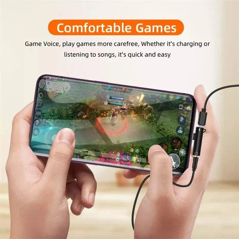 Black earphone aux cable with sleek compact connector and headphone charging dual adapter splitter for mobile use