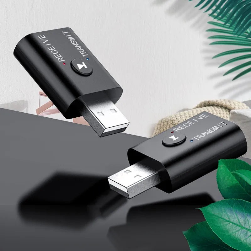Black usb 2 in 1 bluetooth 5.0 audio receiver transmitter with silver connectors for 3.5mm aux car kit speaker use
