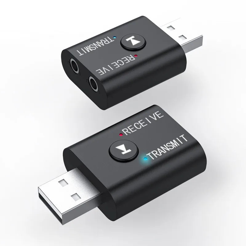 Black 2 in 1 bluetooth 5.0 music wireless adapter with labeled ports and indicator lights for car kit speaker and 3.5mm aux use