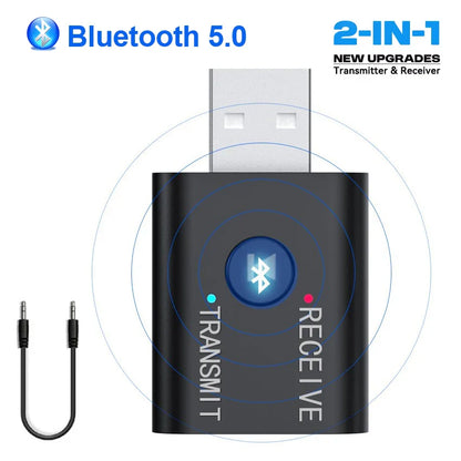 Black rectangular 2 in 1 bluetooth 5.0 music wireless adapter with 3.5mm aux usb plug and transmit receive labels for car kit speaker