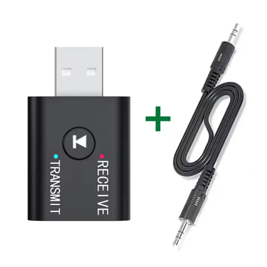 Black usb audio transmitter with circular button and 3.5mm aux cable for 2 in 1 music wireless adapter car kit speaker