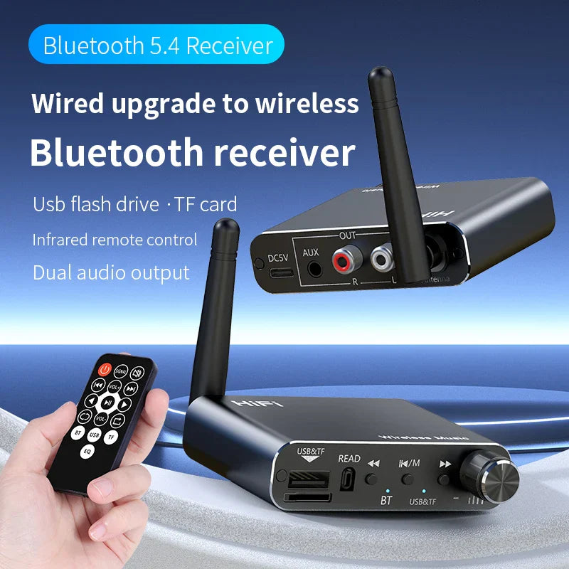 Black 2 in 1 bluetooth 5.4 wireless adapter dsp decoding with dual antennas usb tf ports for hifi stereo music streaming
