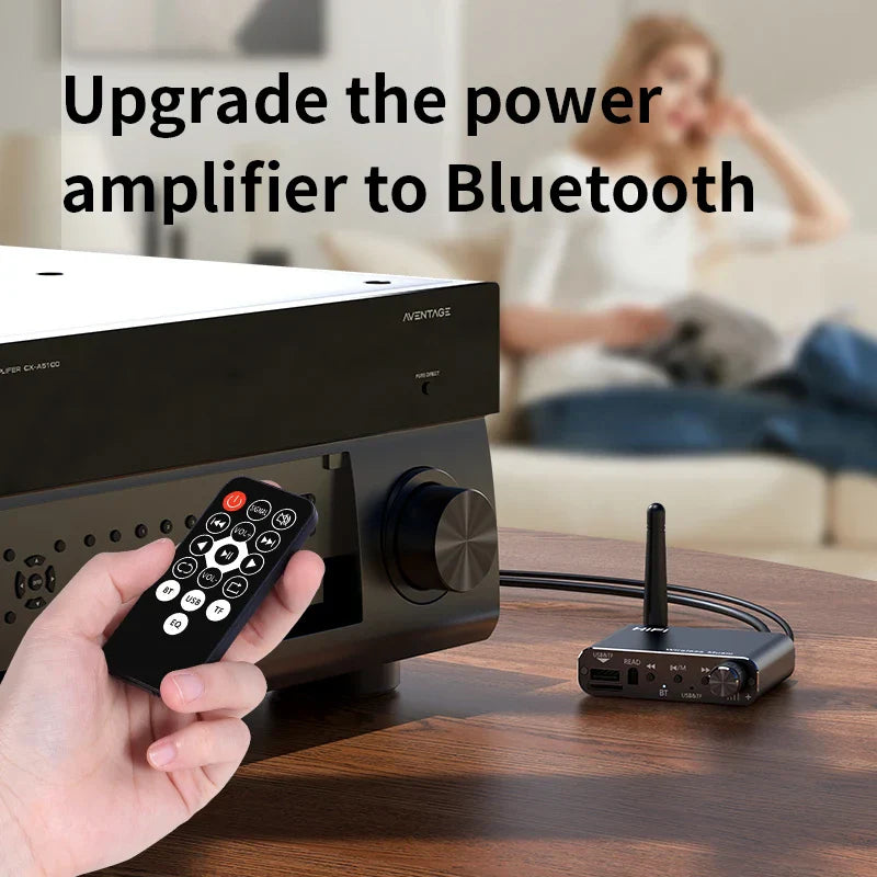 Black avantage audio amplifier with silver knob and remote paired with compact bluetooth 5 4 wireless adapter dsp decoding