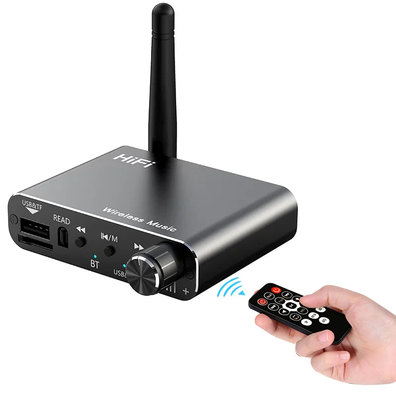 Black rectangular 2 in 1 bluetooth 5.4 wireless adapter dsp with antenna usb tf card slot and volume knob for hifi stereo music