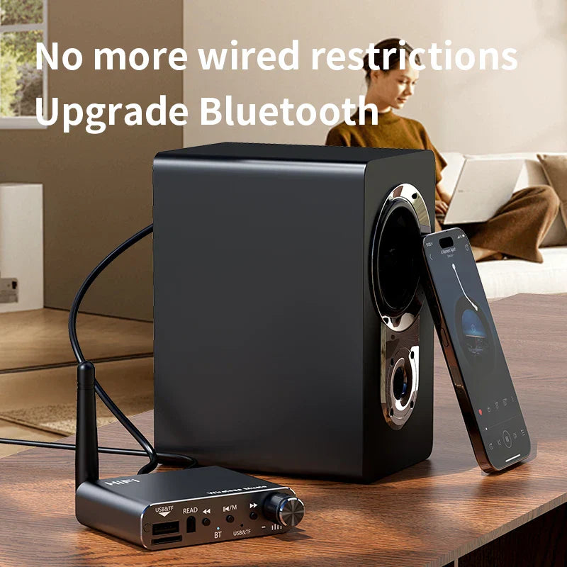 Black rectangular bluetooth speaker with silver driver and black audio receiver featuring usb ports for hifi stereo music wireless adapter dsp decoding