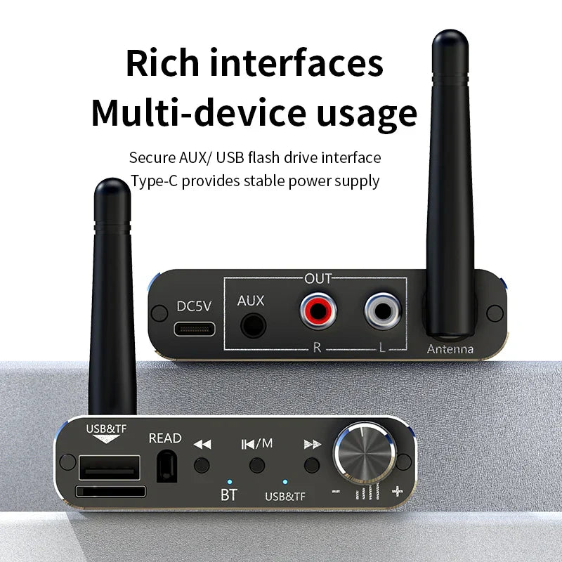 Black 2 in 1 bluetooth 5.4 audio transmitter receiver with two antennas usb-c port rca output and adapter dsp decoding for hifi stereo music
