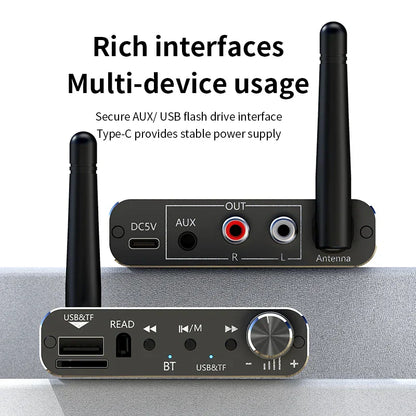 Black 2 in 1 bluetooth 5.4 audio transmitter receiver with two antennas usb-c port rca output and adapter dsp decoding for hifi stereo music