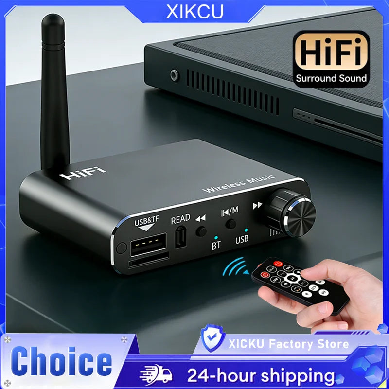 Black xicku 2 in 1 bluetooth 5.4 hifi stereo music wireless adapter dsp with antenna control knob usb and tf slots